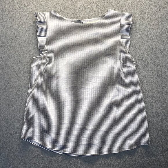 Monteau Top Teens Size M Blue White Striped Short Sleeve Ruffled Blouse‎ - Picture 1 of 10
